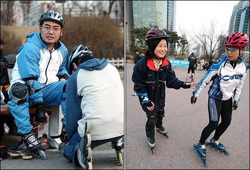 이성권 의원이 강사로부터 신발신는 법부터 배우고 있다.(왼쪽)/ 김희정 의원(왼쪽)은 당직자들의 인라인모임인 `한라인`에서 활동한 `경력자`다. 